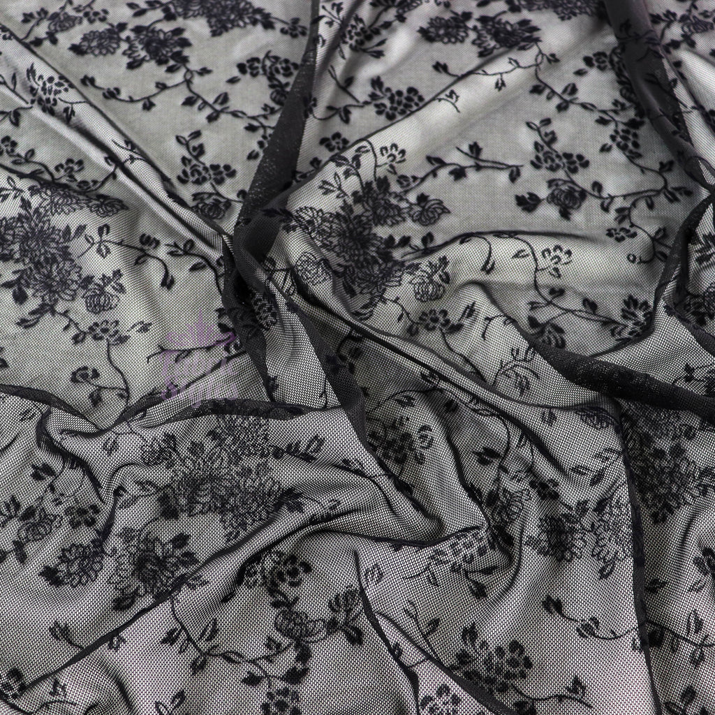 Black Flock Floral Power Mesh