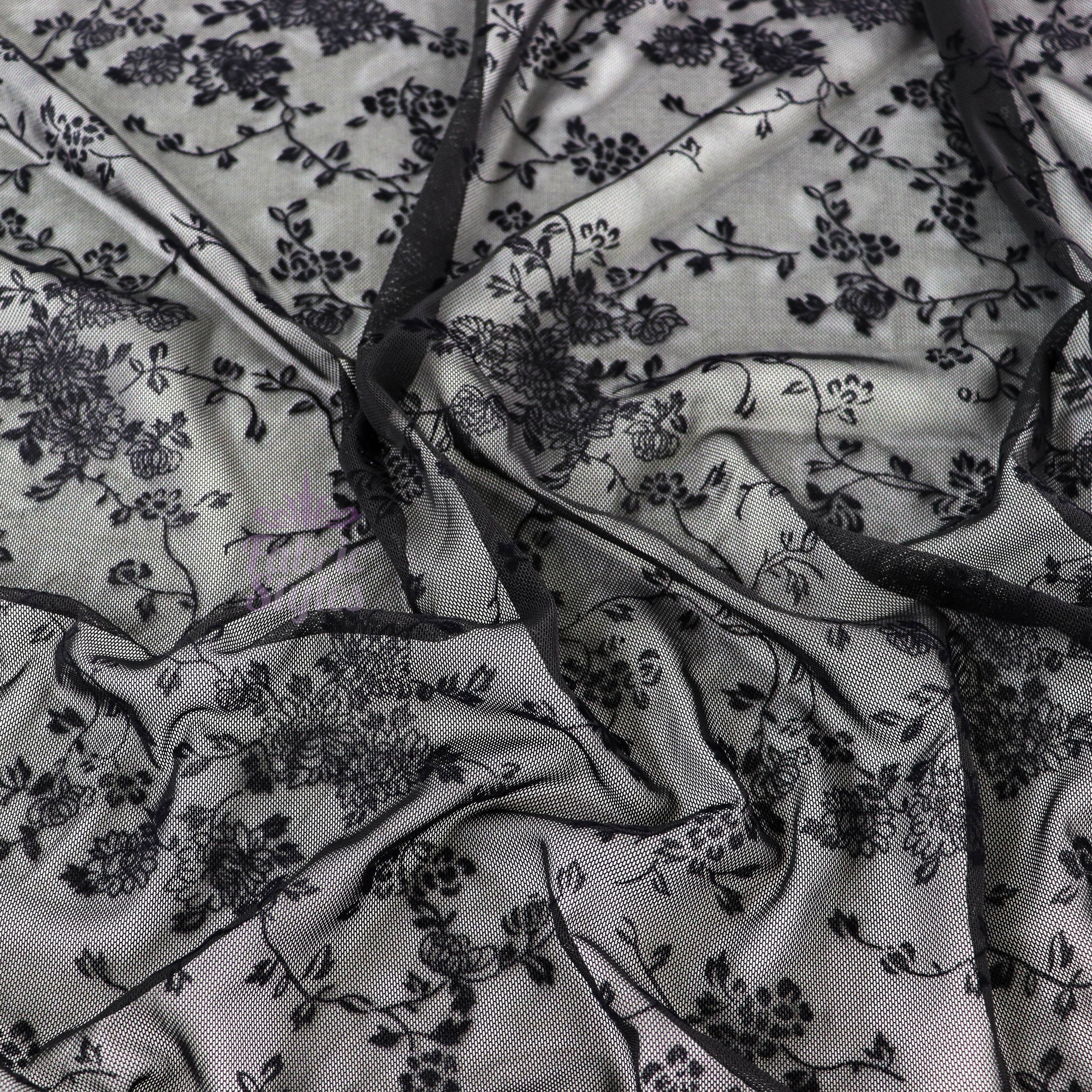 Black Flock Floral Power Mesh