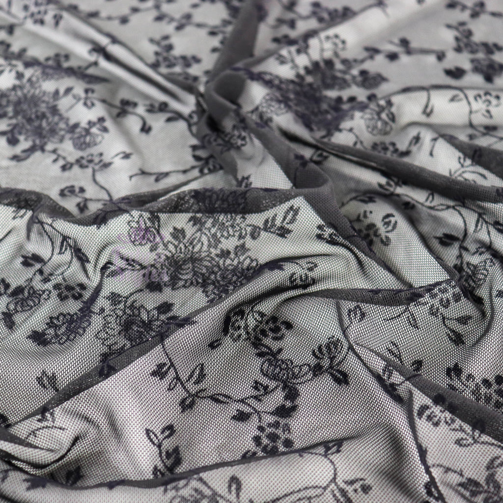Black Flock Floral Power Mesh