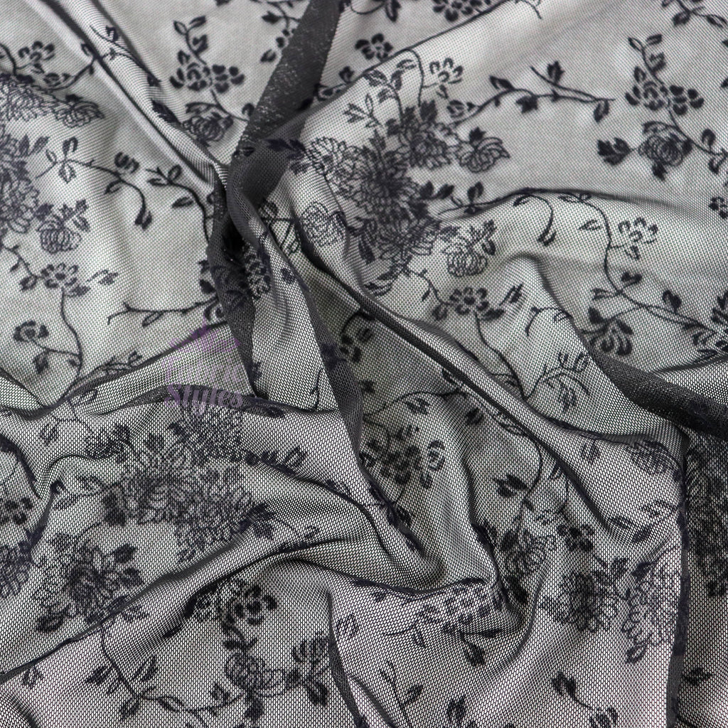 Black Flock Floral Power Mesh