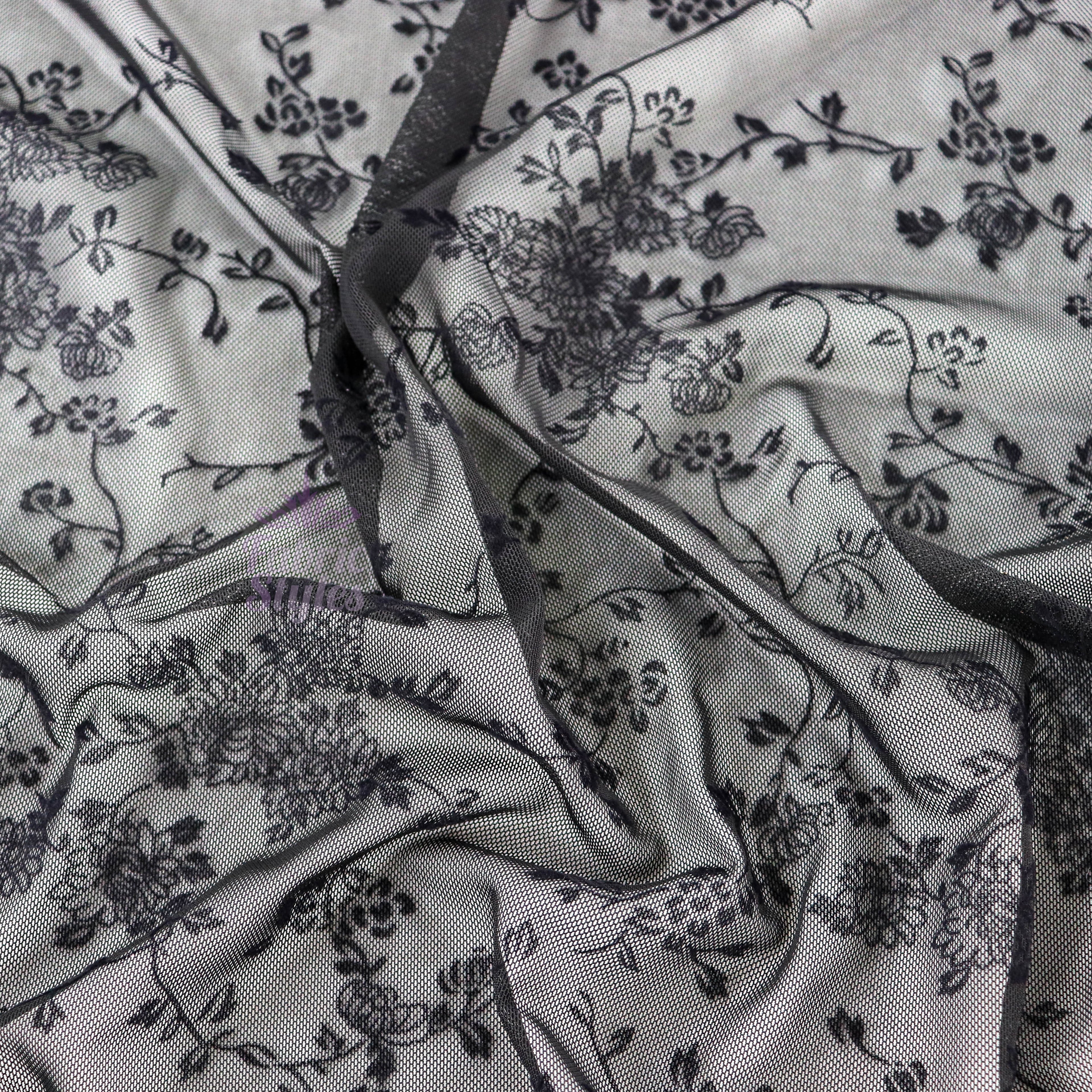 Black Flock Floral Power Mesh