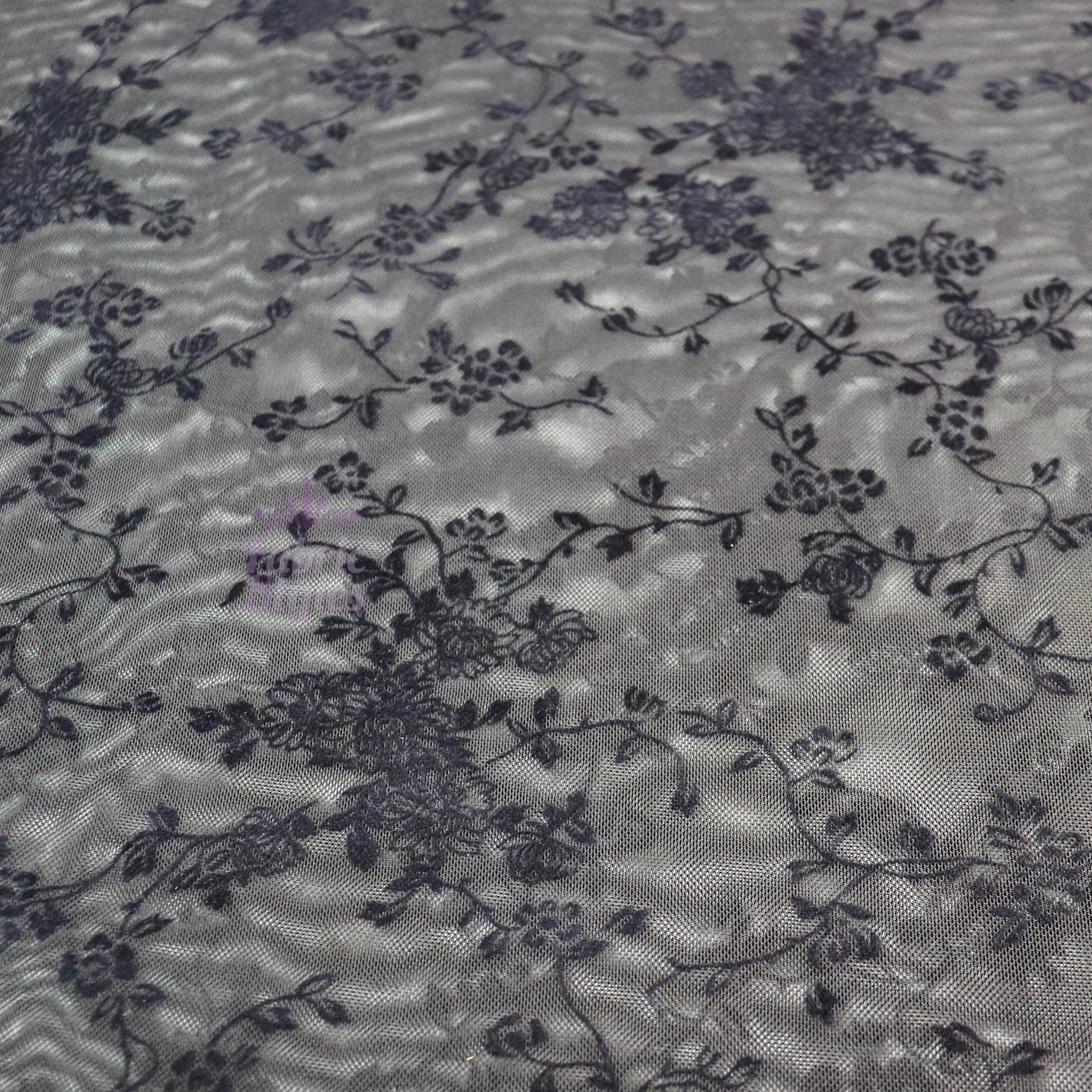 Black Flock Floral Power Mesh