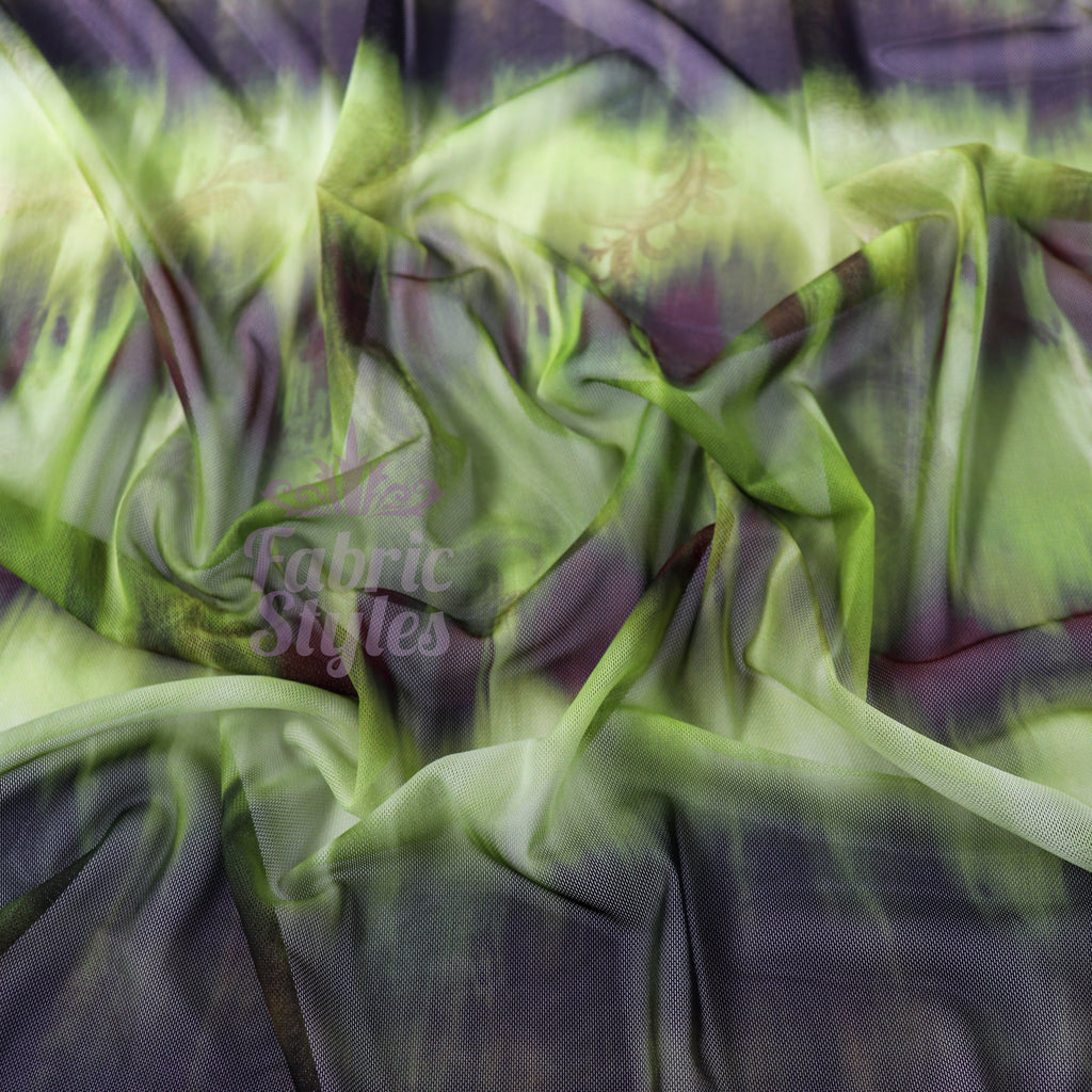 Green Black Tie Dye Paisley Power Mesh Fabric