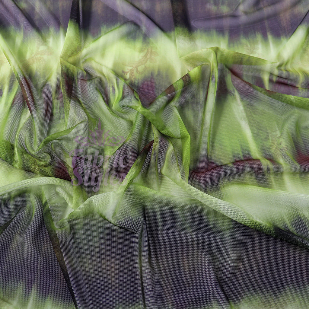Green Black Tie Dye Paisley Power Mesh Fabric
