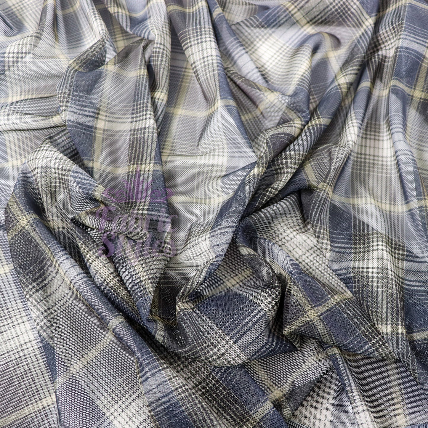 Navy Tartan Power Mesh Fabric