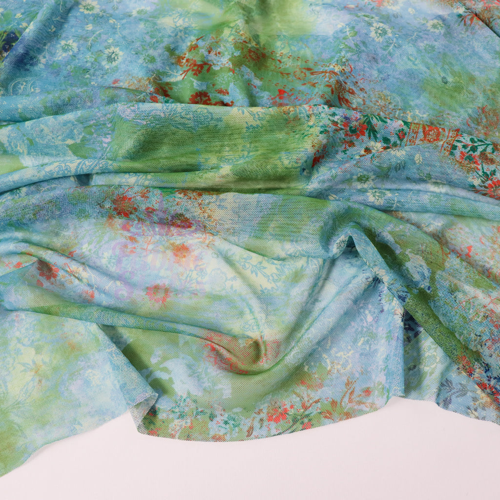 Green Floral Power Mesh Fabric