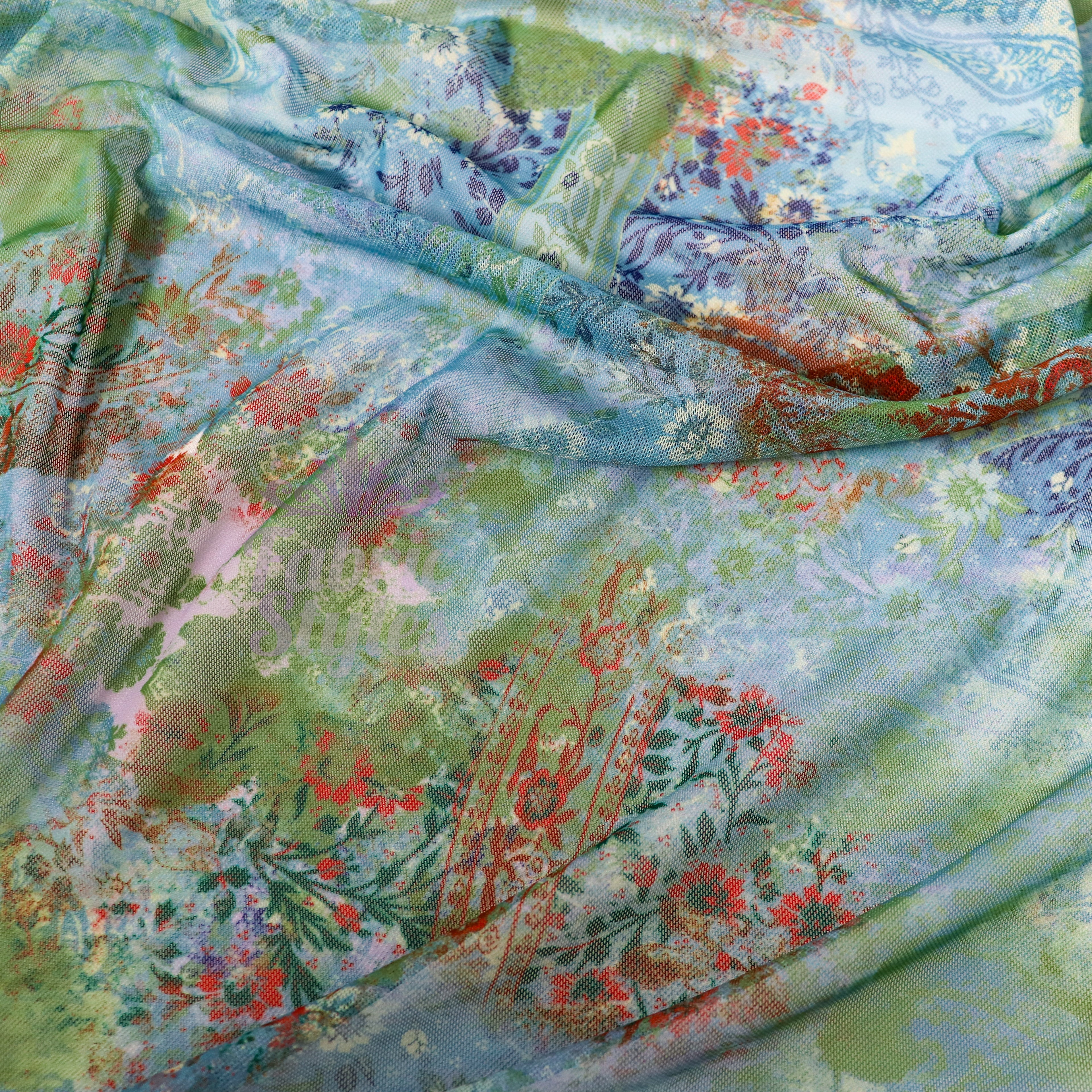 Green Floral Power Mesh Fabric