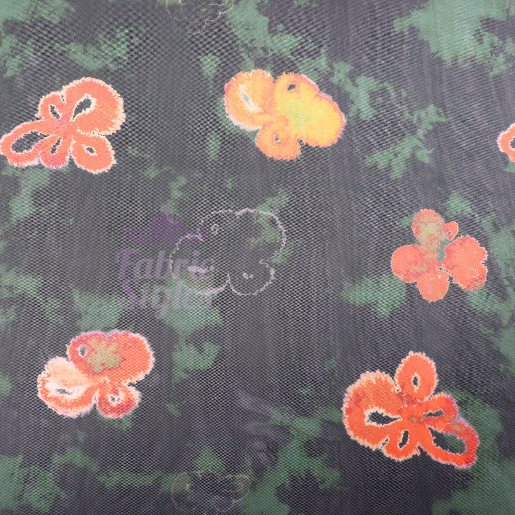 Green Tie Dye Orange Floral Power Mesh Fabric