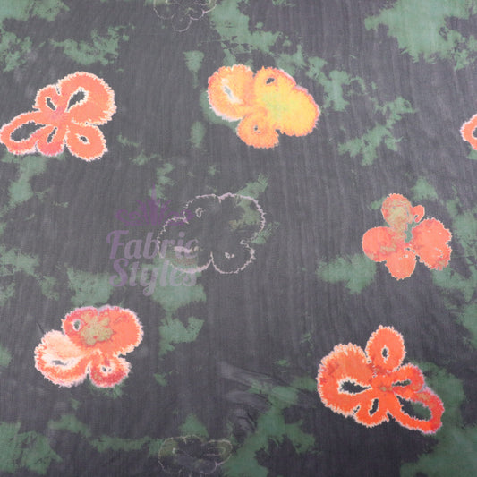Green Tie Dye Orange Floral Power Mesh Fabric