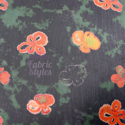 Green Tie Dye Orange Floral Power Mesh Fabric
