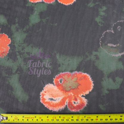 Green Tie Dye Orange Floral Power Mesh Fabric