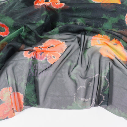 Green Tie Dye Orange Floral Power Mesh Fabric