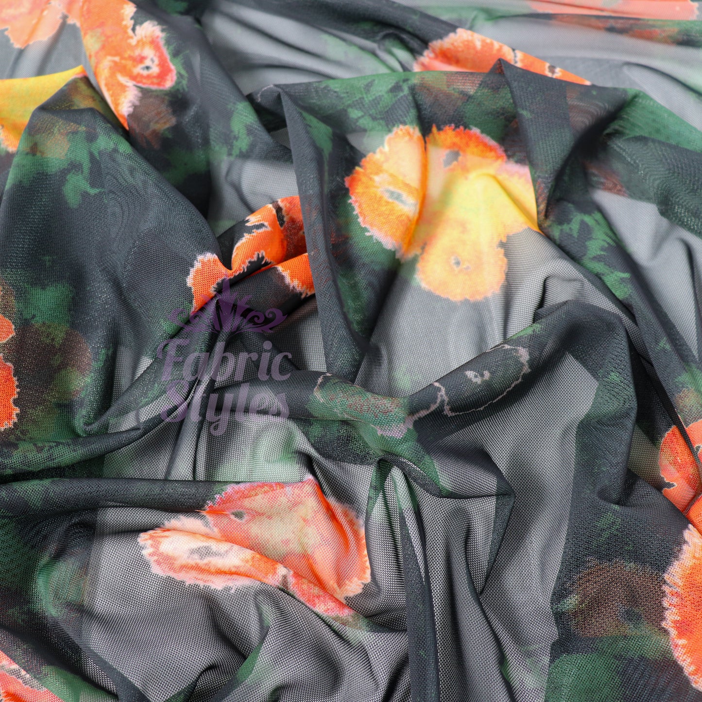 Green Tie Dye Orange Floral Power Mesh Fabric