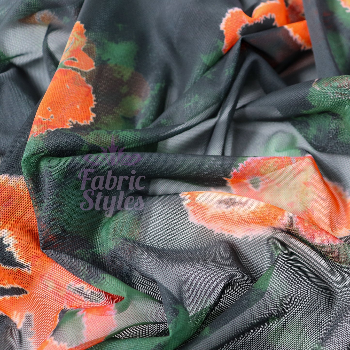 Green Tie Dye Orange Floral Power Mesh Fabric