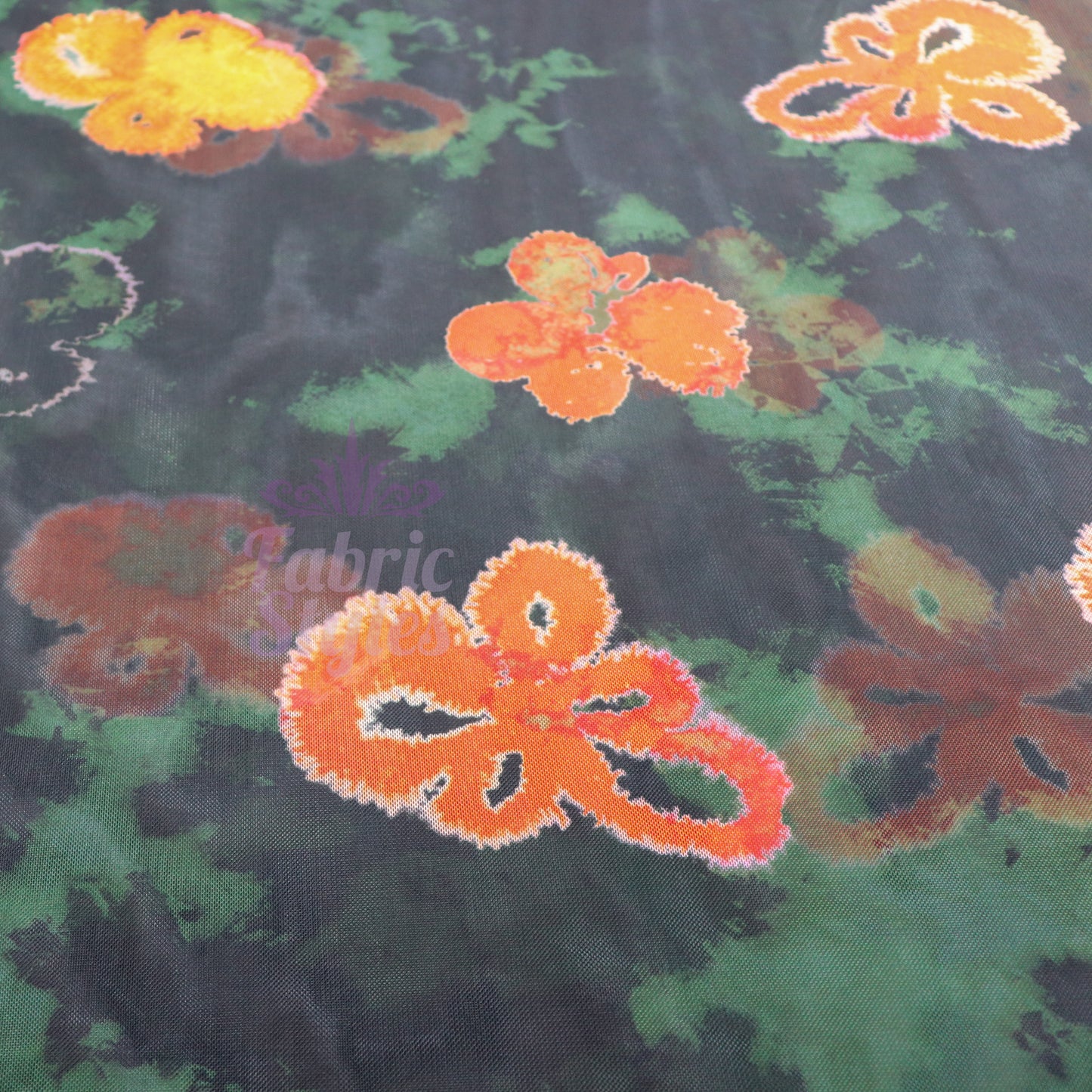 Green Tie Dye Orange Floral Power Mesh Fabric
