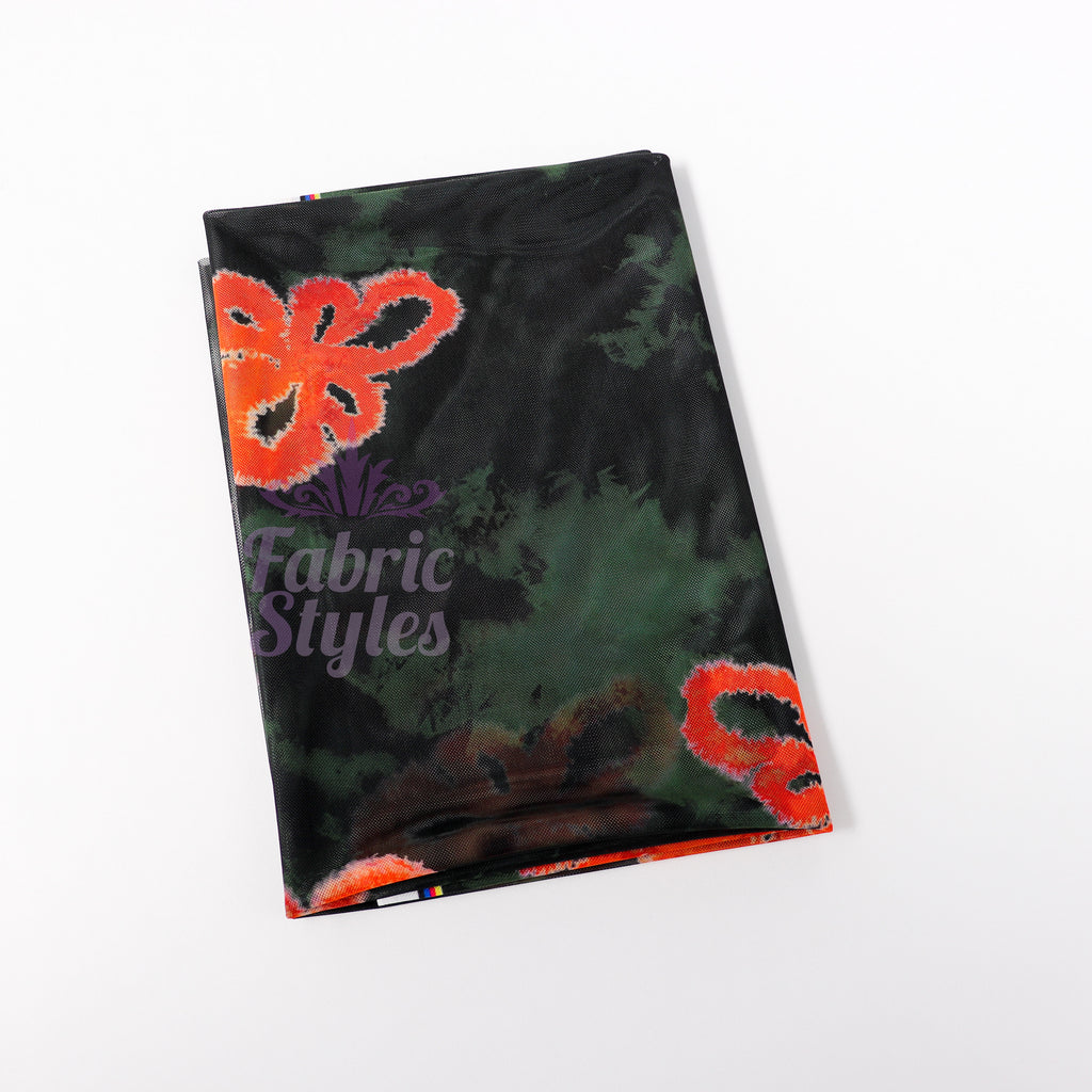 Green Tie Dye Orange Floral Power Mesh Fabric