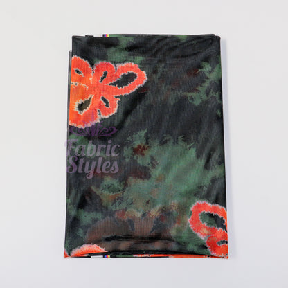 Green Tie Dye Orange Floral Power Mesh Fabric