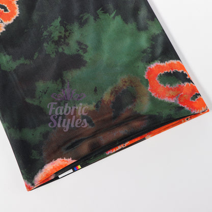 Green Tie Dye Orange Floral Power Mesh Fabric
