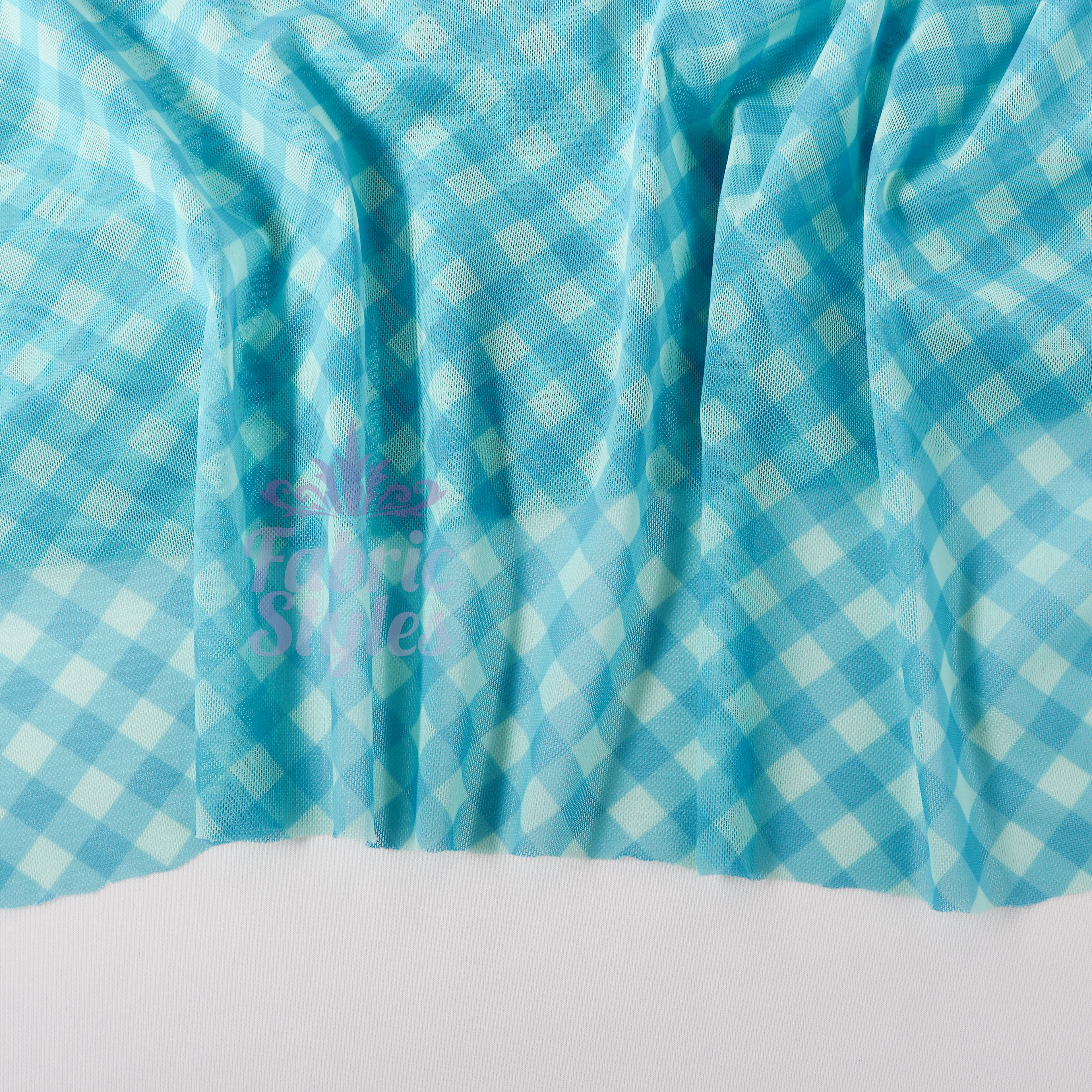 Blue Gingham Power Mesh Fabric