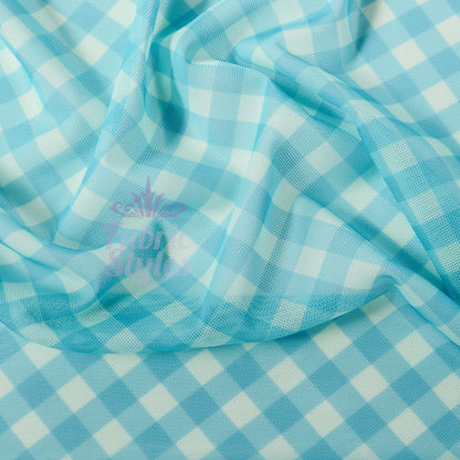 Blue Gingham Power Mesh Fabric
