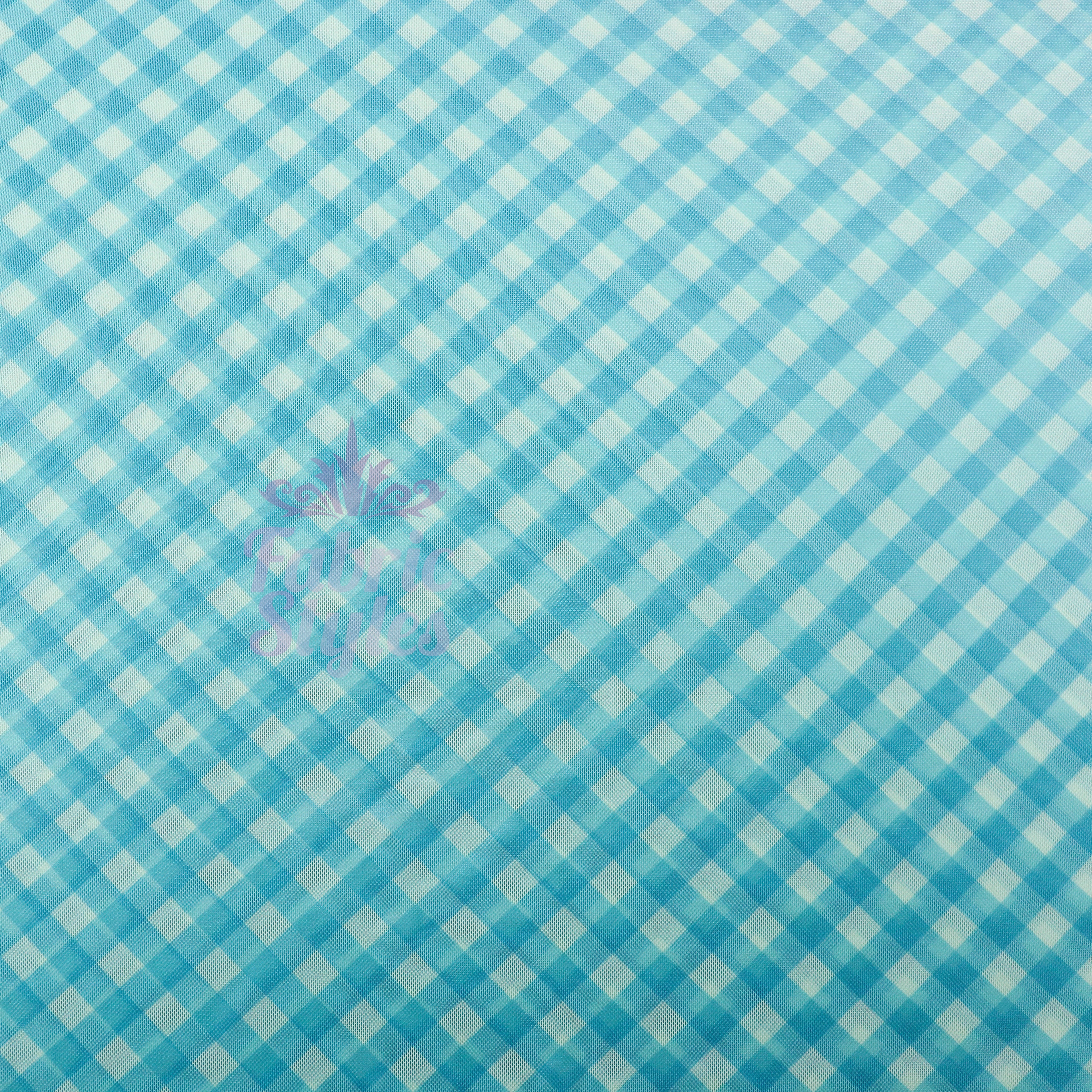 Blue Gingham Power Mesh Fabric