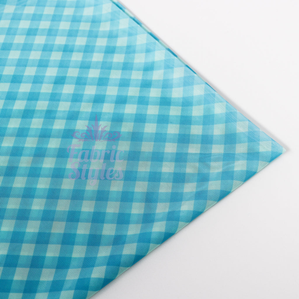 Blue Gingham Power Mesh Fabric