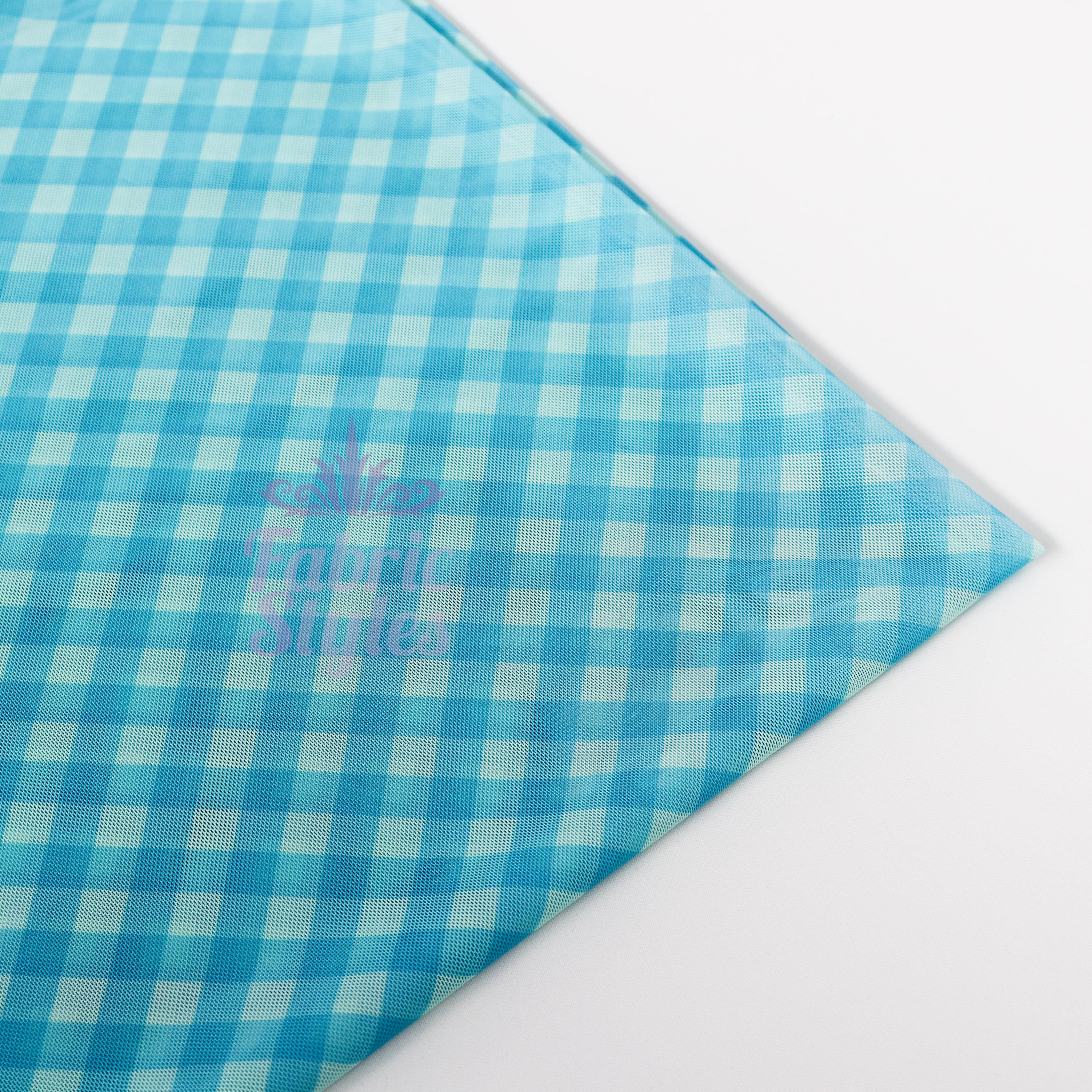 Blue Gingham Power Mesh Fabric