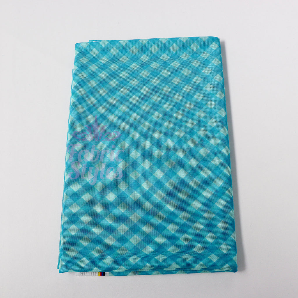 Blue Gingham Power Mesh Fabric