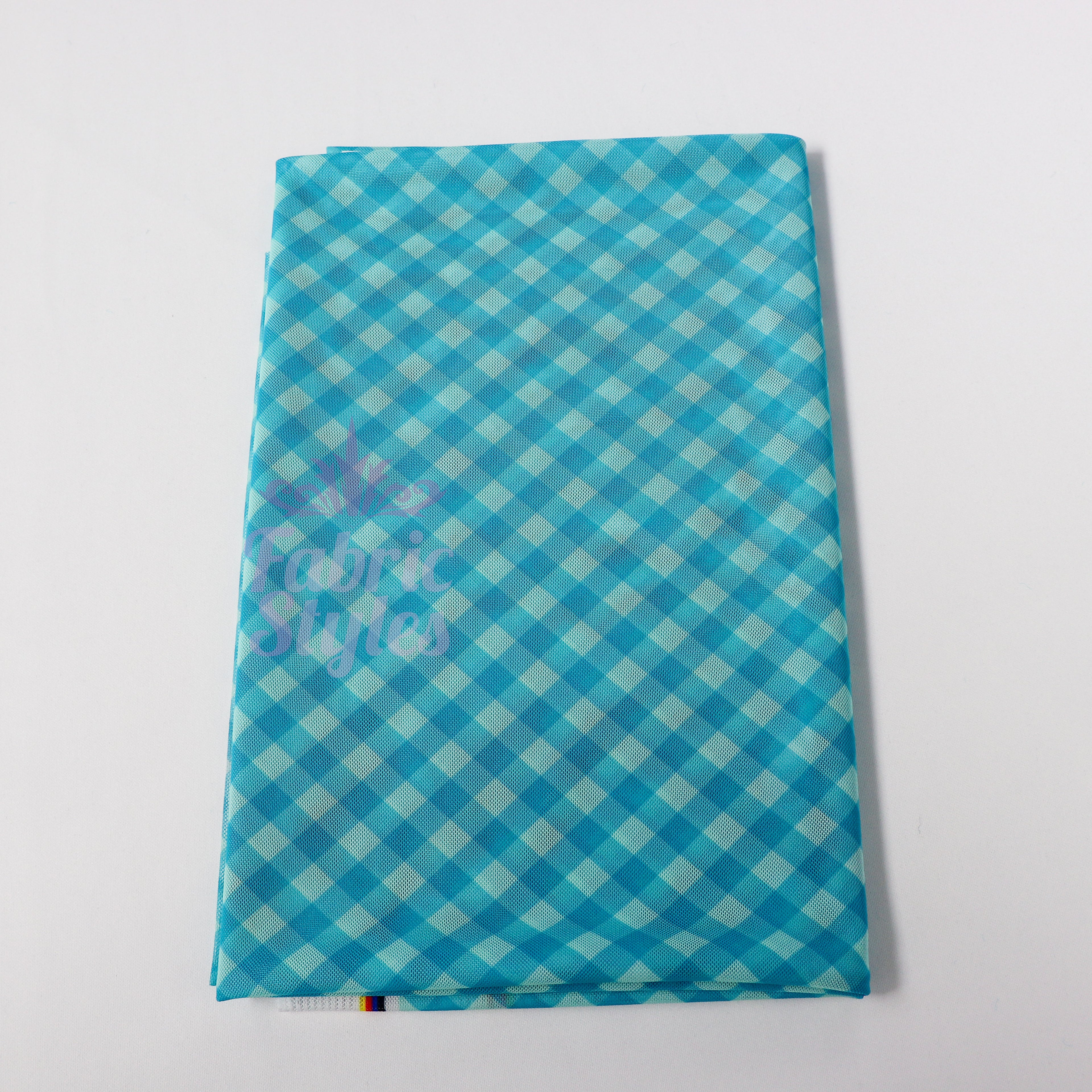 Blue Gingham Power Mesh Fabric
