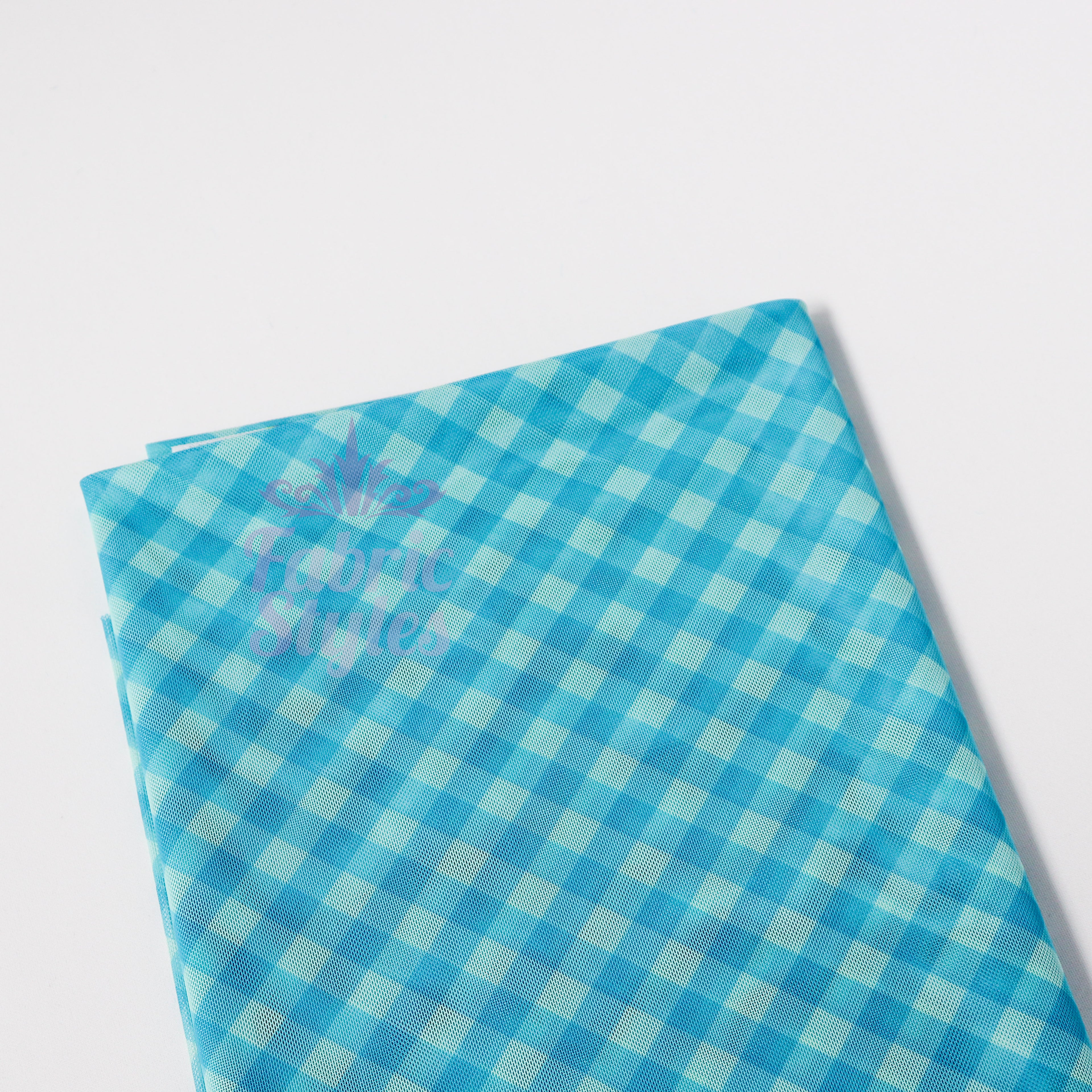 Blue Gingham Power Mesh Fabric