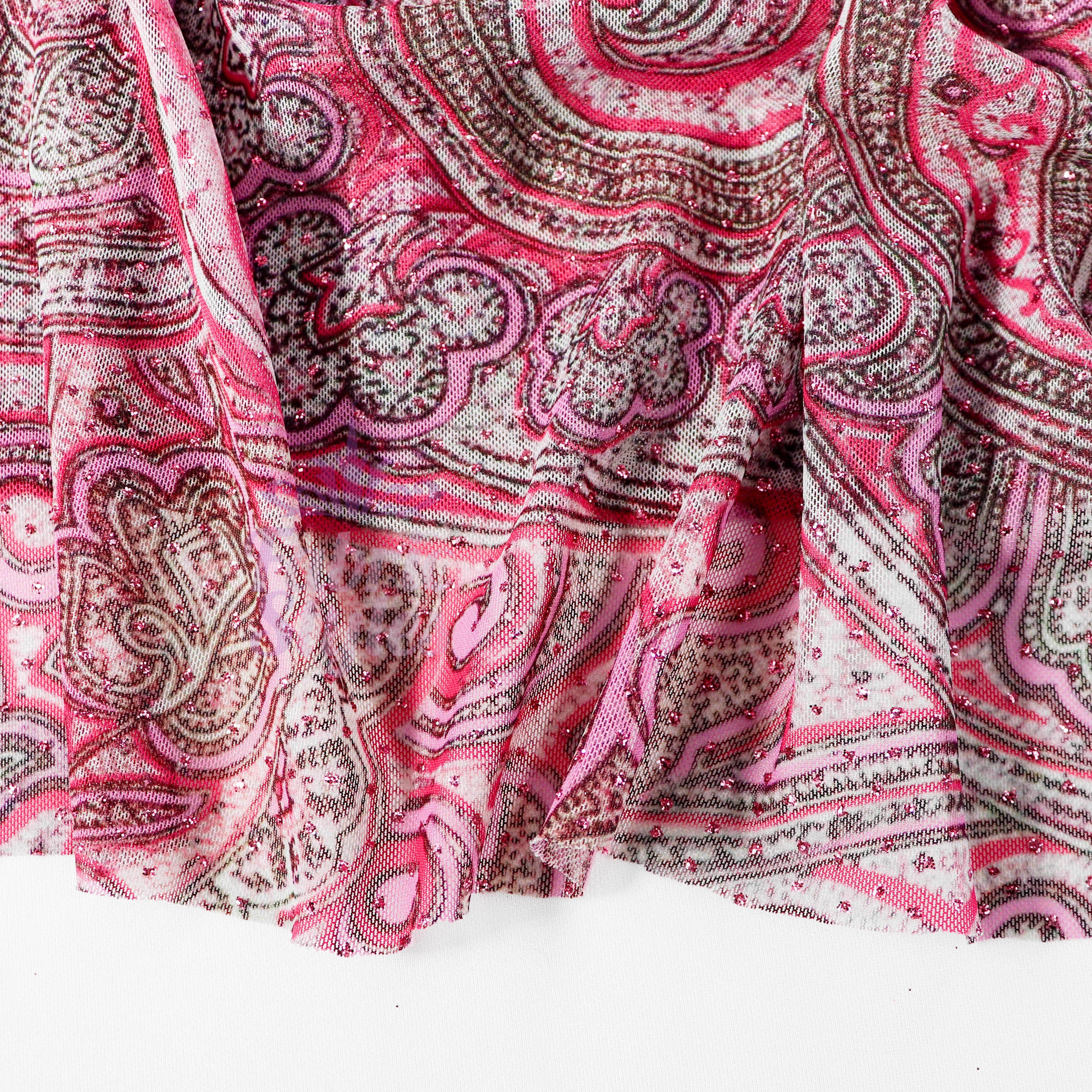 Red Glitter Paisley Power Mesh Fabric