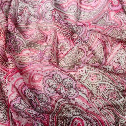 Red Glitter Paisley Power Mesh Fabric