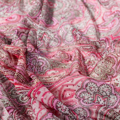 Red Glitter Paisley Power Mesh Fabric