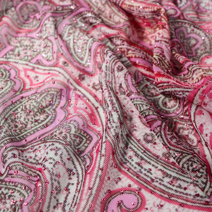 Red Glitter Paisley Power Mesh Fabric