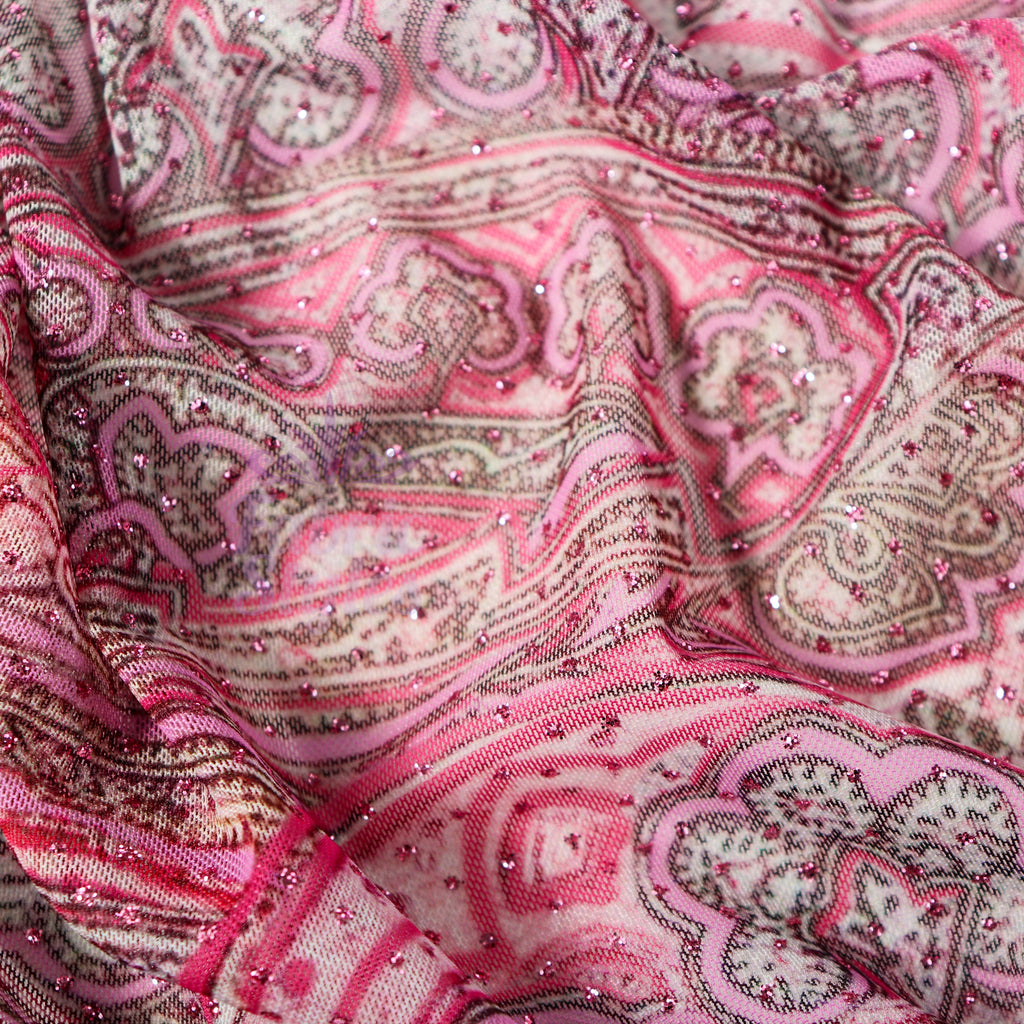 Red Glitter Paisley Power Mesh Fabric