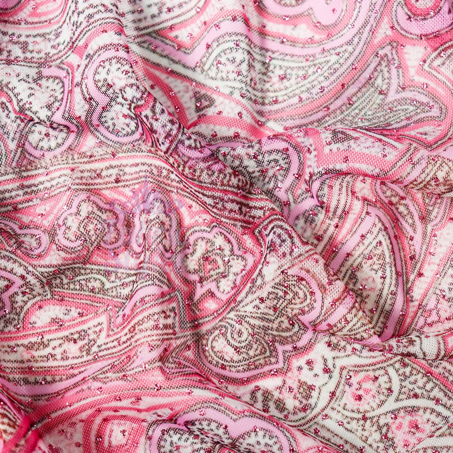Red Glitter Paisley Power Mesh Fabric