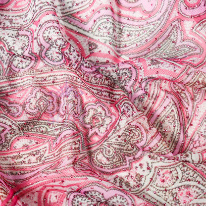 Red Glitter Paisley Power Mesh Fabric