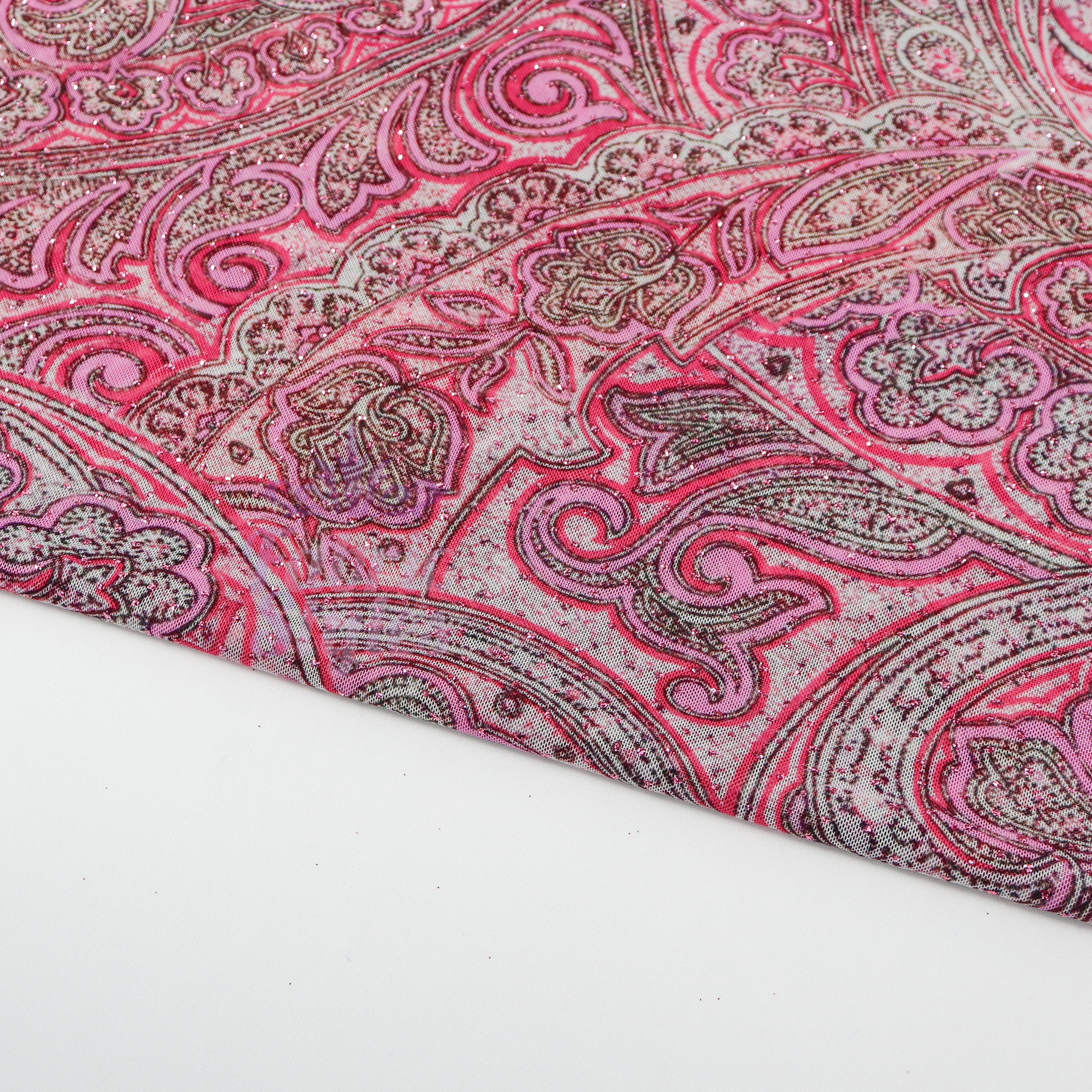 Red Glitter Paisley Power Mesh Fabric