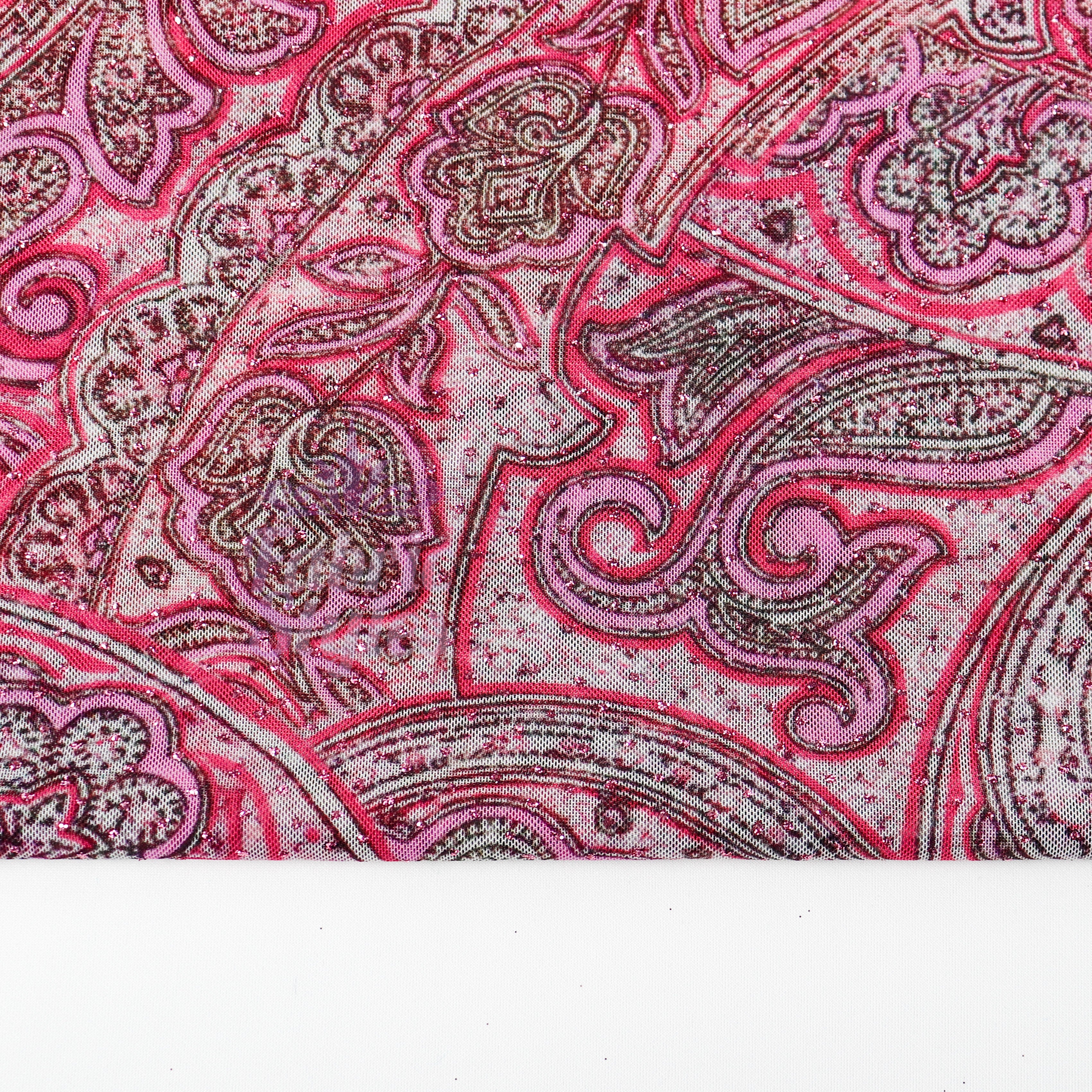 Red Glitter Paisley Power Mesh Fabric
