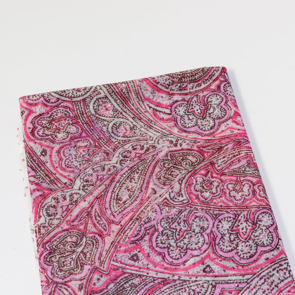 Red Glitter Paisley Power Mesh Fabric