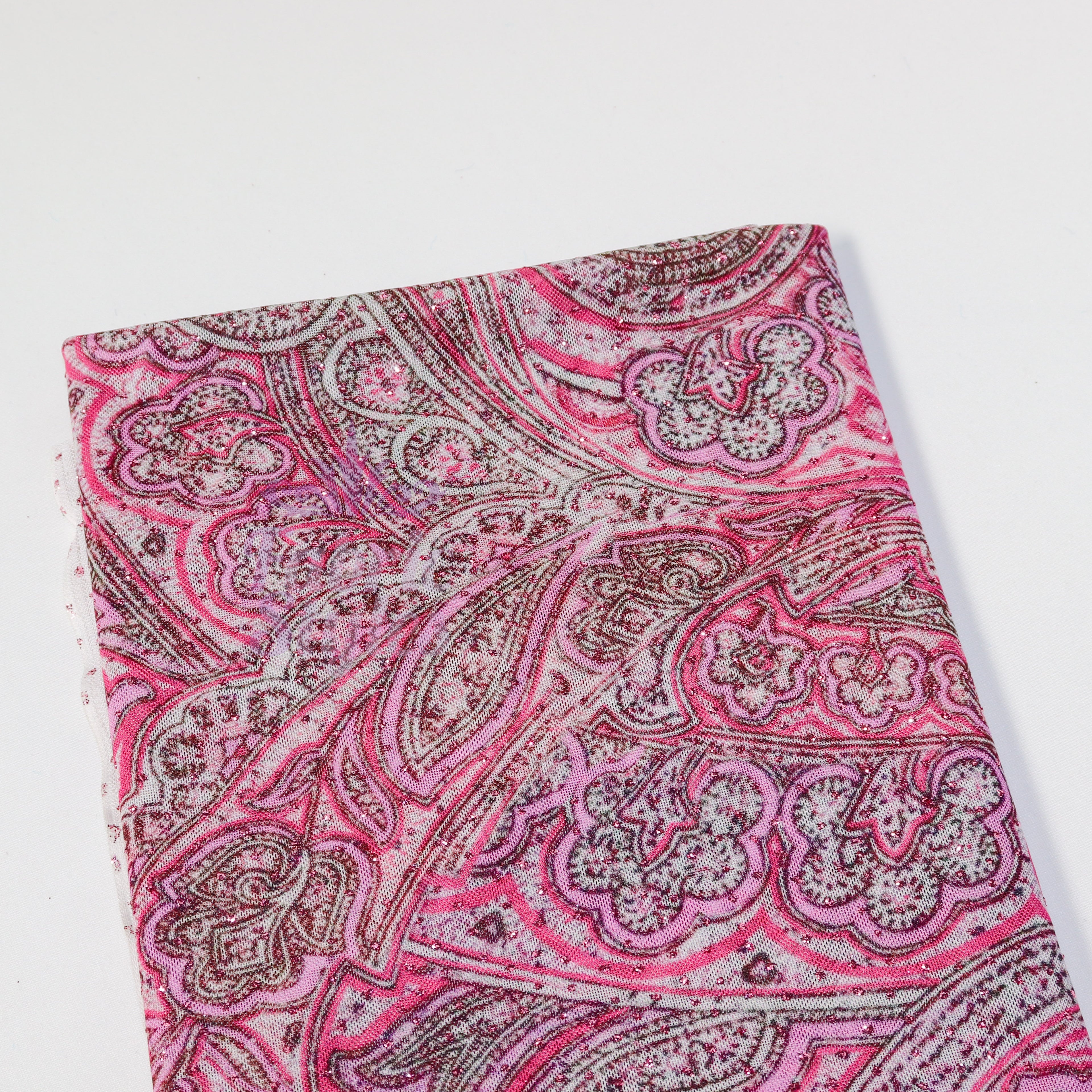 Red Glitter Paisley Power Mesh Fabric
