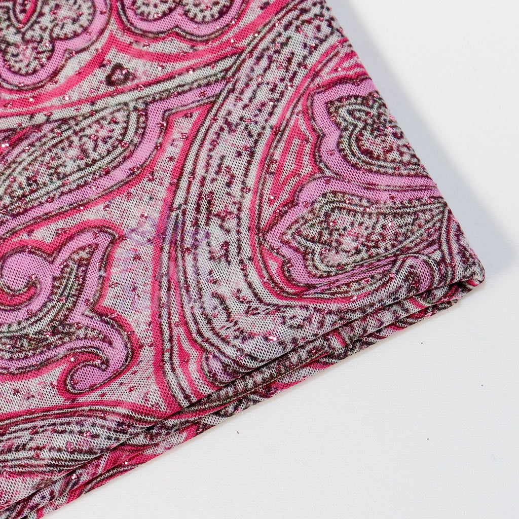 Red Glitter Paisley Power Mesh Fabric