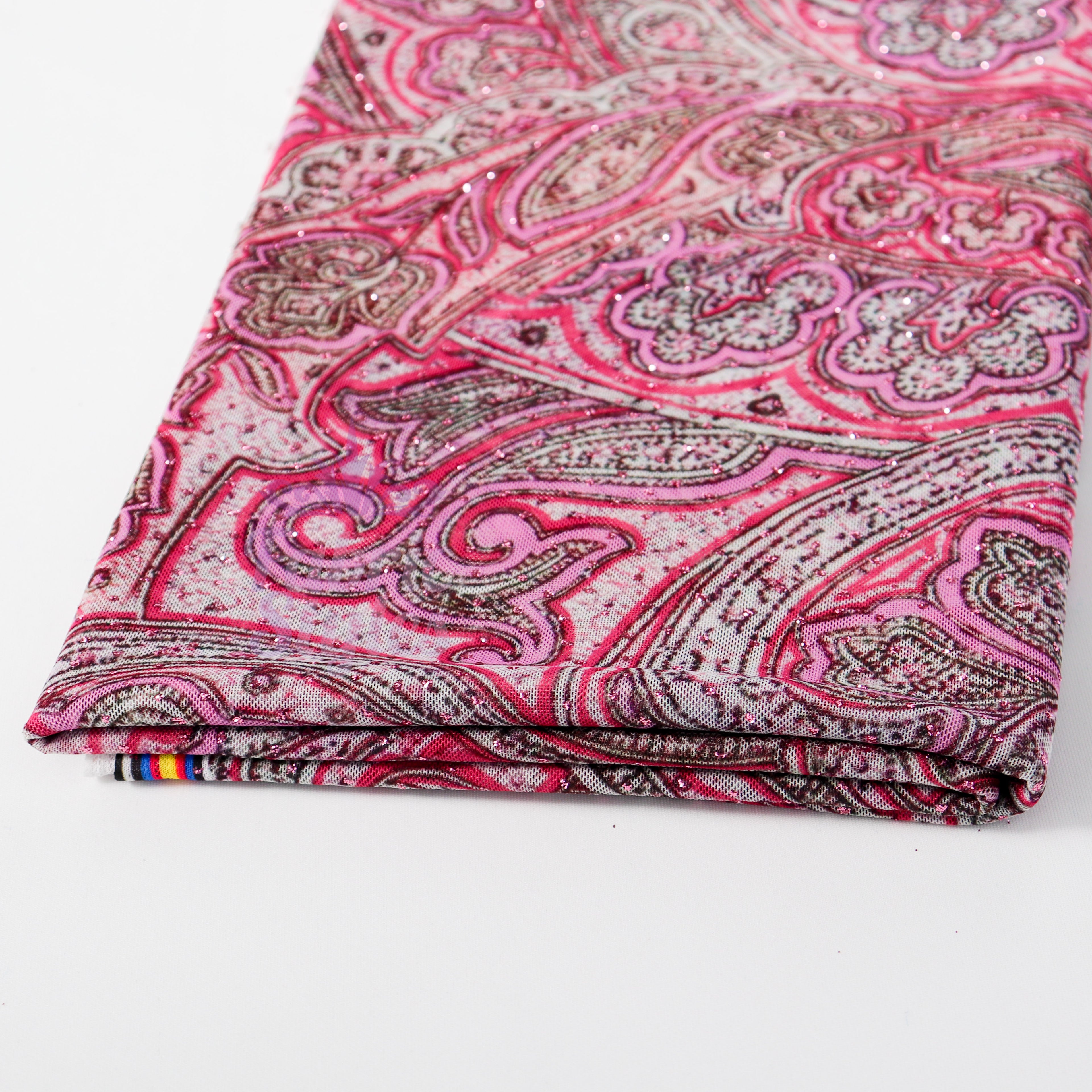 Red Glitter Paisley Power Mesh Fabric
