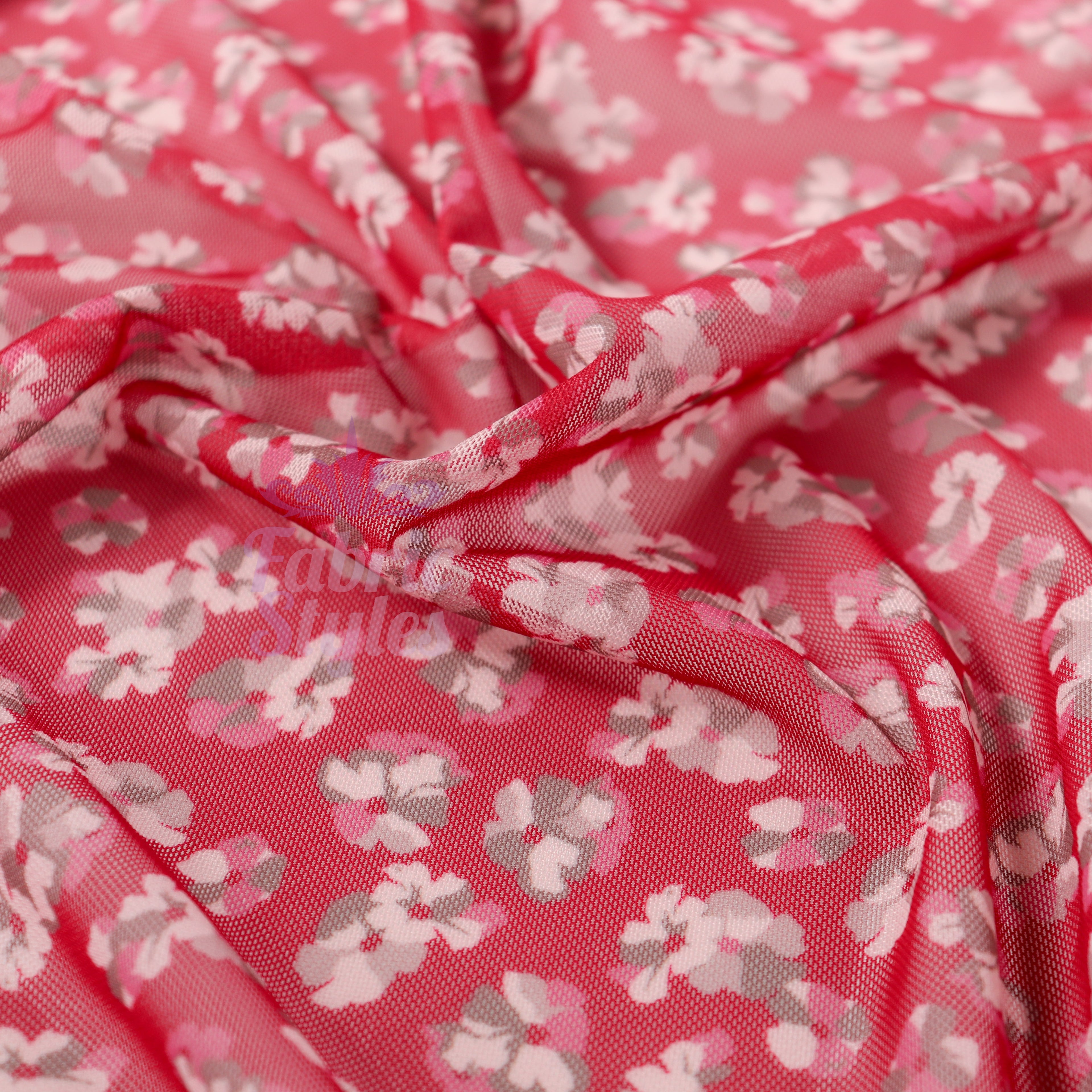 Red Ditsy Floral Power Mesh Fabric