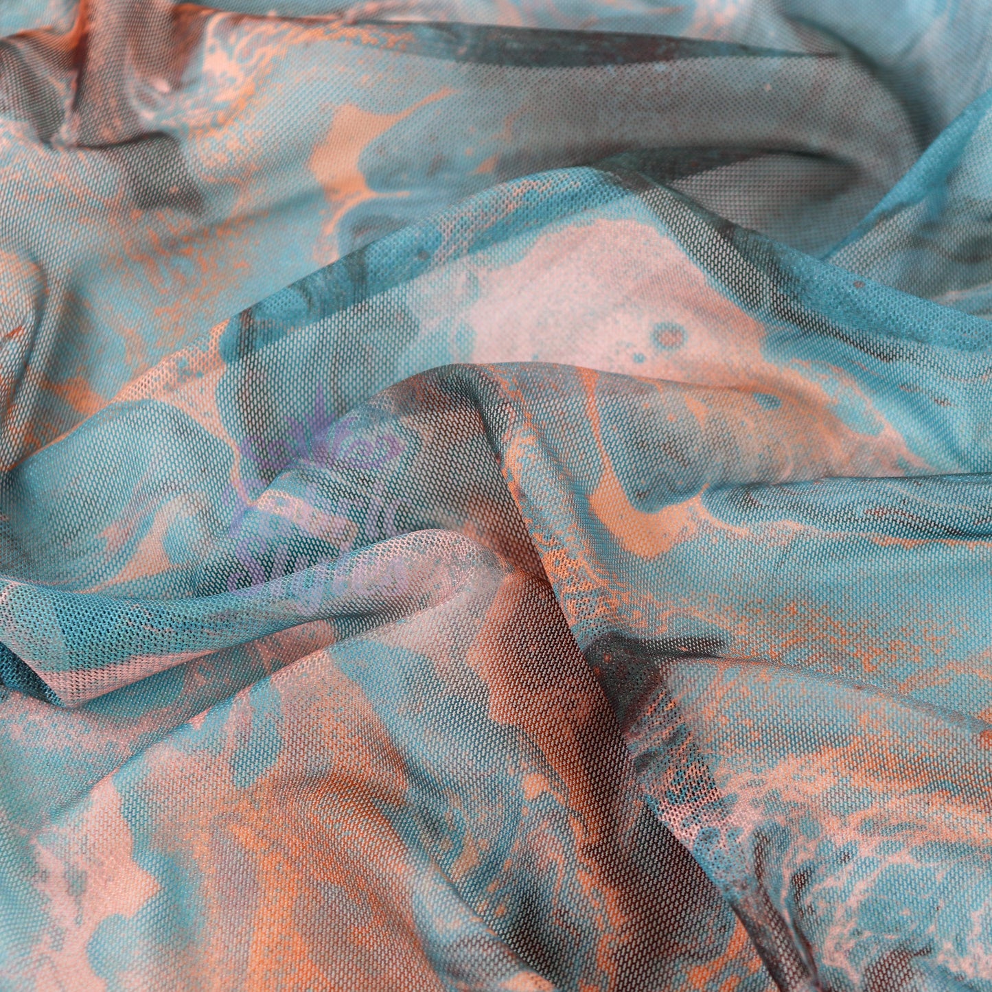 Blue Orange Marble Power Mesh Fabric