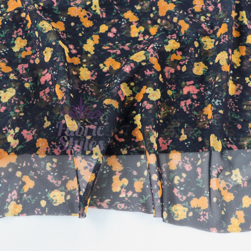 Ditsy Orange Floral Power Mesh Fabric