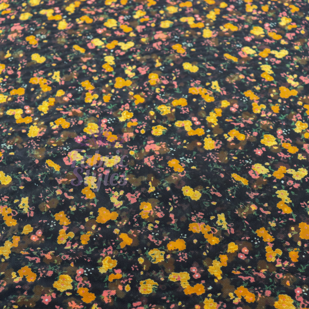 Ditsy Orange Floral Power Mesh Fabric