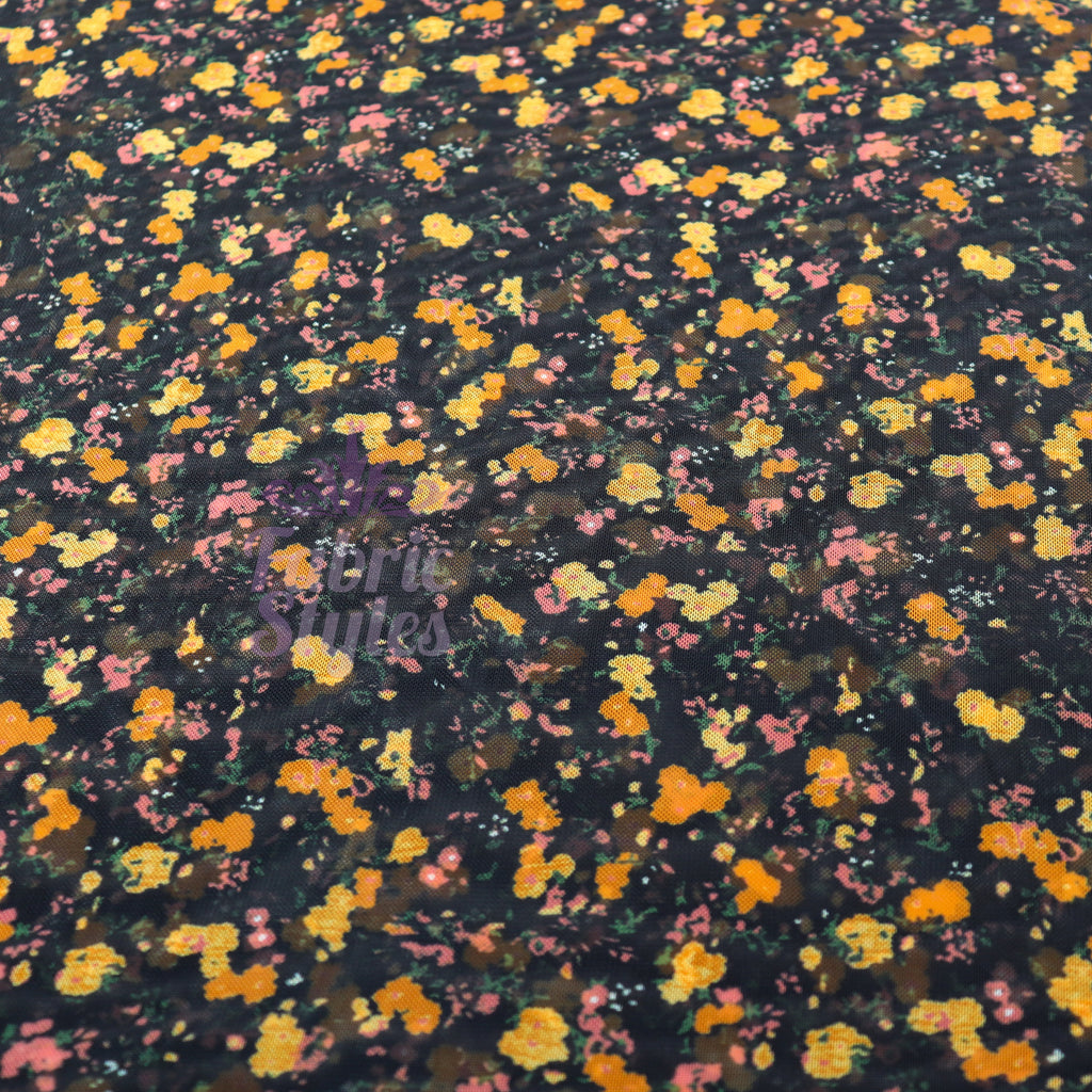 Ditsy Orange Floral Power Mesh Fabric
