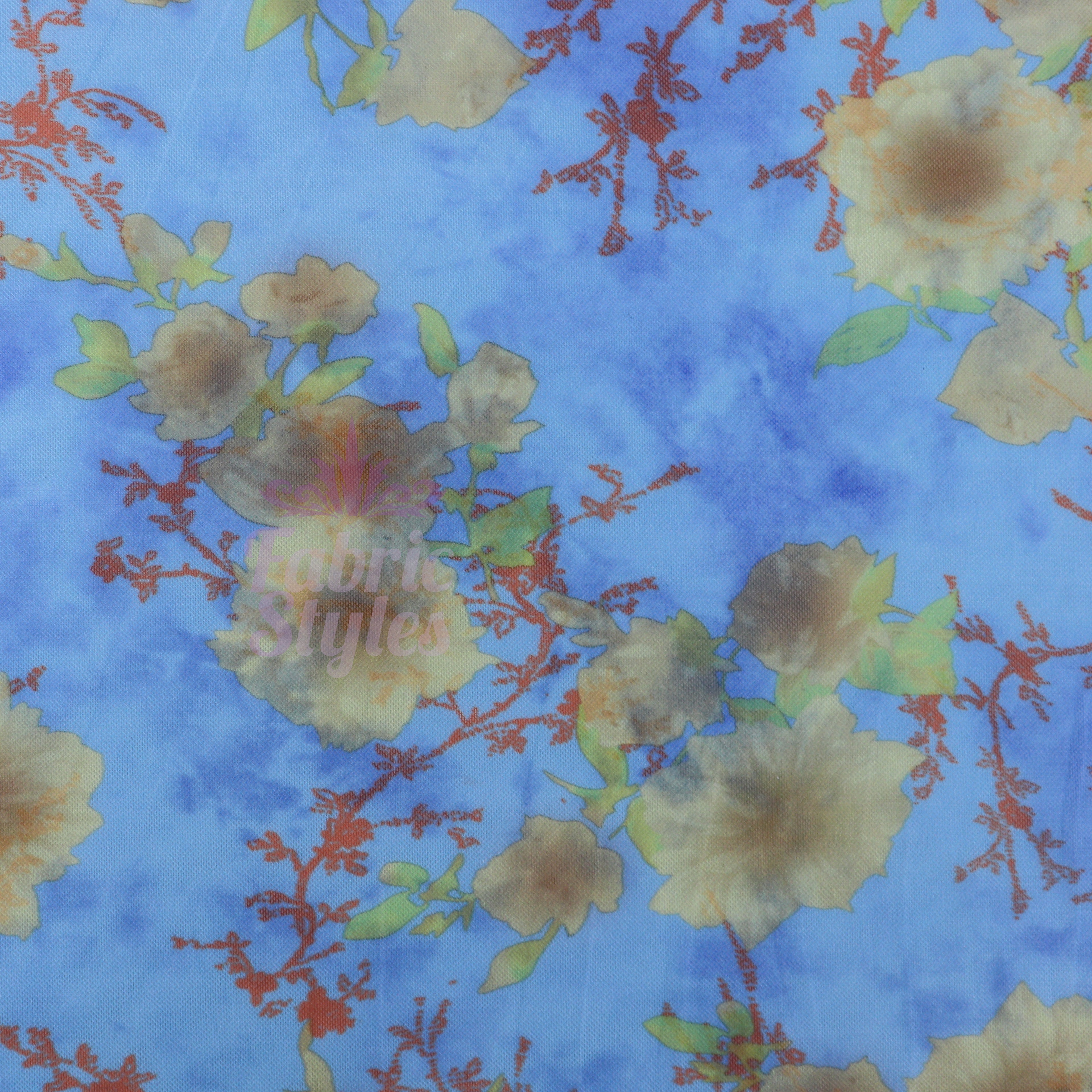 Blue Floral Power Mesh Fabric