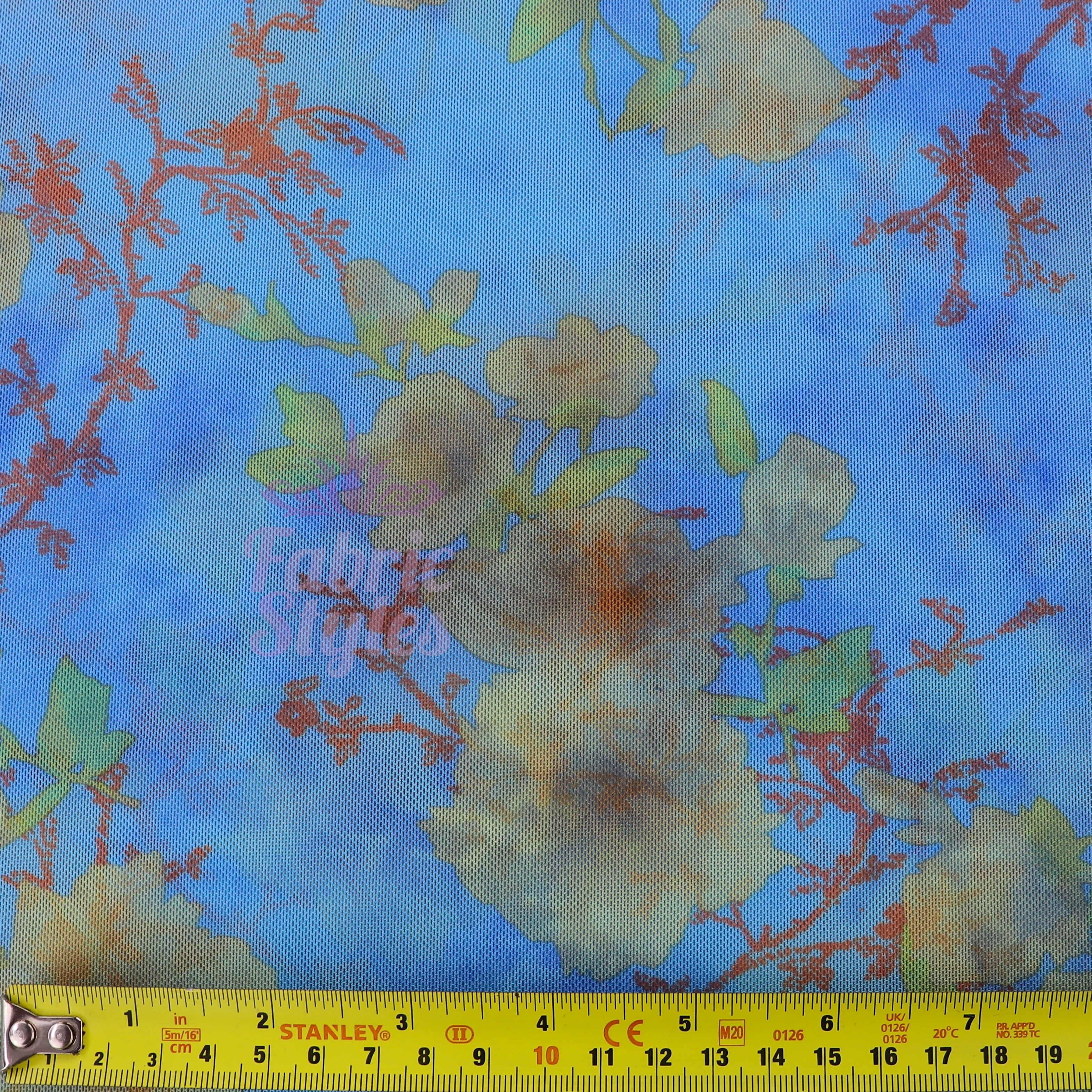 Blue Floral Power Mesh Fabric